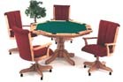 D126-1102103This 54” octagonal game table in natural oak finish seats 8 comfortably, with each person having beverage holder and poker-chip tray. Its single pedestal base is solid oak and has turning