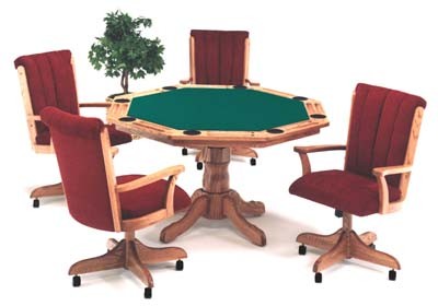 D126-1102103This 54” octagonal game table in natural oak finish seats 8 comfortably, with each person having beverage holder and poker-chip tray. Its single pedestal base is solid oak and has turning