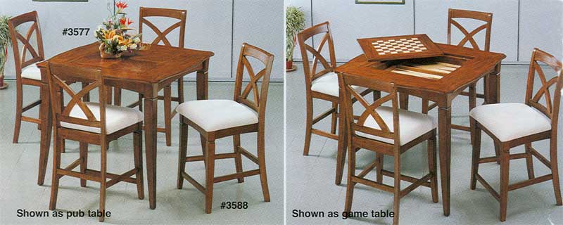 D1-3577SHItem#/SKU: D1-3577Game pub table. This five piece designer set features cherry and hardwood solids. Plus pub sized chairs and tapered legs. Other features are two game boards and solid top. 