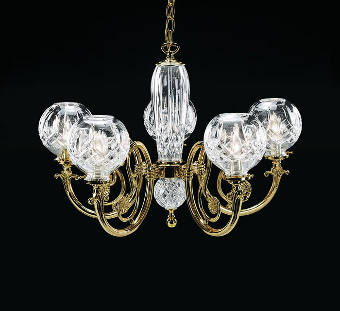 C155-950-000-54-11 By WATERFORD Lighting - Solid Brass Arms and Fittings / Polished Brass Finish with Irish Lead Crystal Lismore Five Arm Chandelier