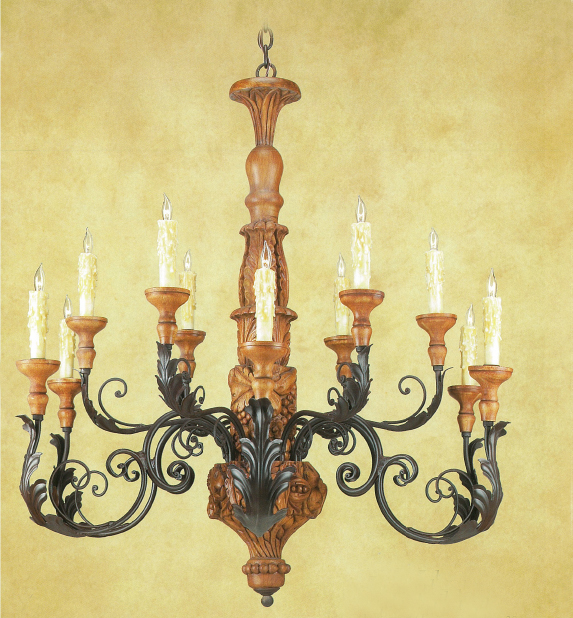 C173-WCH-07-1 By Artdemexico - Wood Lighting Collection Collection Aged Pecan Finish Carved Wood and Wrought Iron Chandelier
