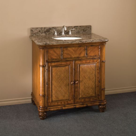 C175-44511-0 By Ambience Lighting-Honey Bamboo Finish-Marble Top W/Porcelain Basin Includes Oversize Storage Drawer And Shelf In Cabinet