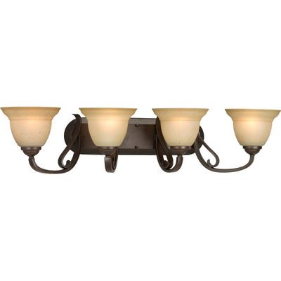 C197-P2884-77 By Progress Lighting-Torino Collection Forged Bronze Finish 4-Lt. Bath W/Tea Stain Etched Glass
