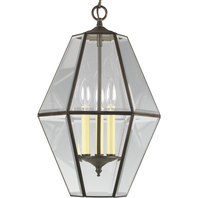 C197-P3716-20 By Progress Lighting-Bound Beveled Glass Collection Antique Bronze Finish 3-Lt. 6 Sided Foyer Fixture