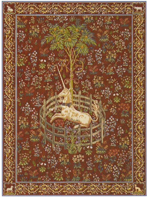 D155-1361-58*44 Unicorn in Captivity 9083 (Red) Tapestries: Tapestry gallery - Over 1500 tapestries and tapestry decorating accessories - Finest quality - Wide selection - Competitive prices - Source