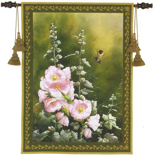 D155-1841-53*38 Hollyhock Hummer Tapestries: Tapestry gallery - Over 1500 tapestries and tapestry decorating accessories - Finest quality - Wide selection - Competitive prices - Source for wholesale 