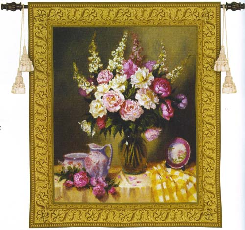 D155-1849-53*45 Pink Peonies with Yellow Cloth Tapestries: Tapestry gallery - Over 1500 tapestries and tapestry decorating accessories - Finest quality - Wide selection - Competitive prices - Source 